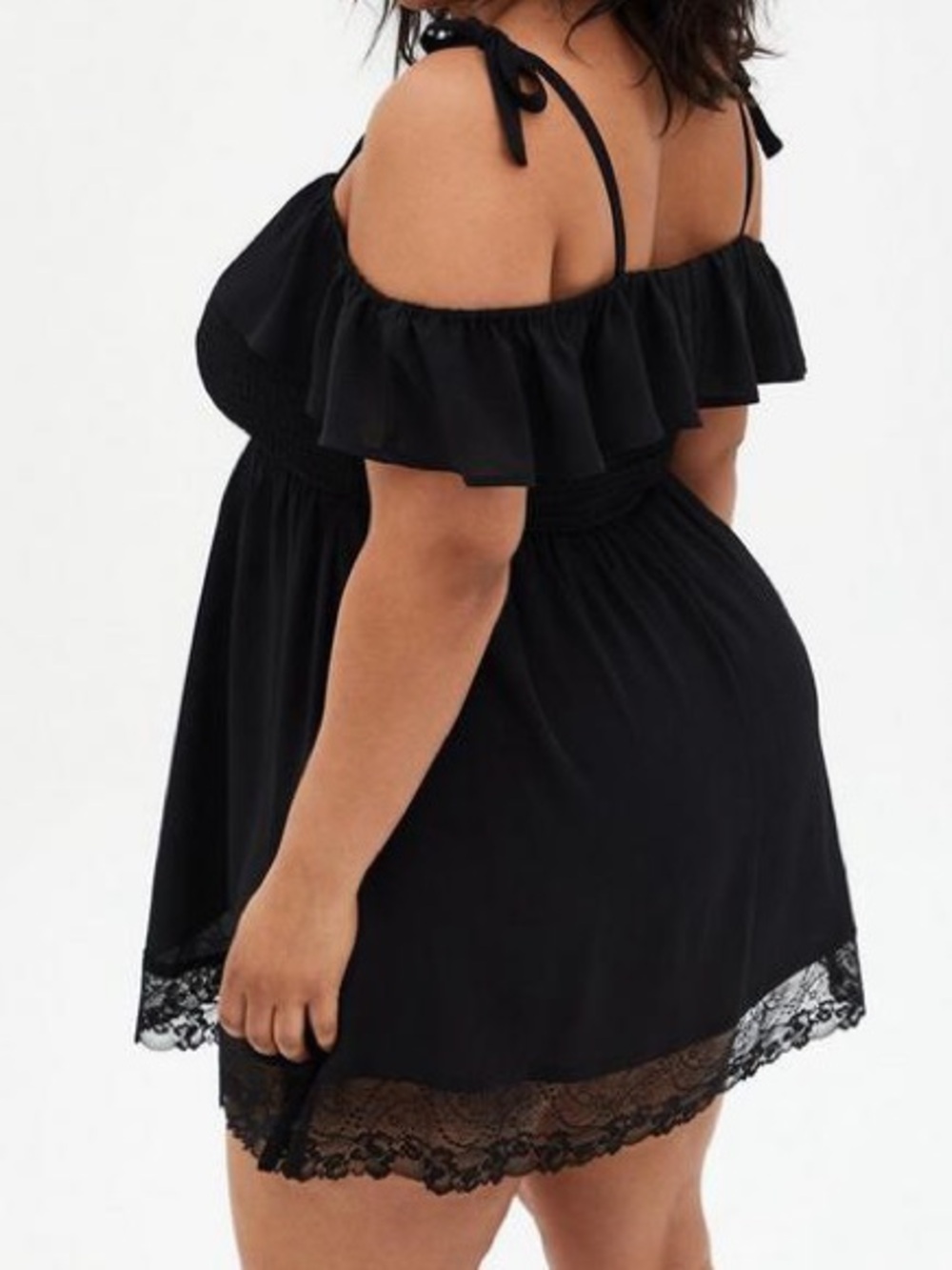 Torrid black smocked cold shoulder mini ruffle lace trim coverup dress - Picture 3 of 11